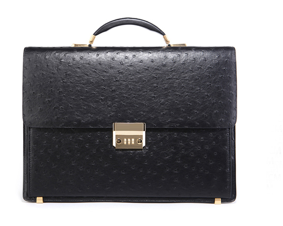 * Luxo Ostrich Grain Mens Black Leather Briefcase IJIX878789 P