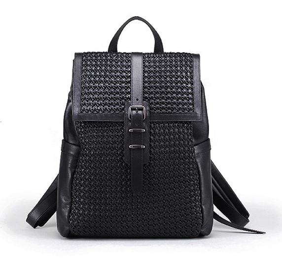 elegante simétrica tejida negro moderna mochila de cuero