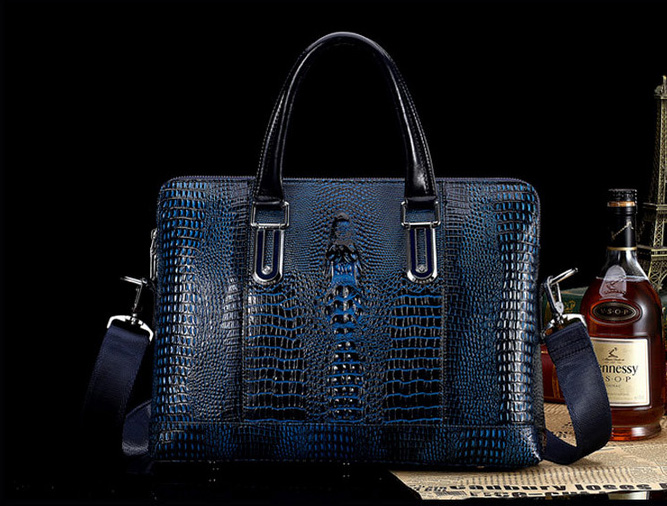 Premium Alligator Leather Briefcase Messenger Large Blue Bag